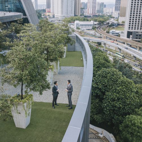 directly above 2 businessmen talking on roof top garden outside office building