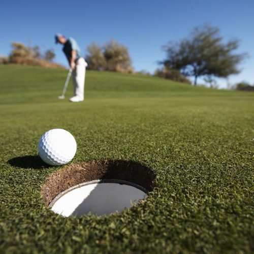 Male golfer putting on golf course